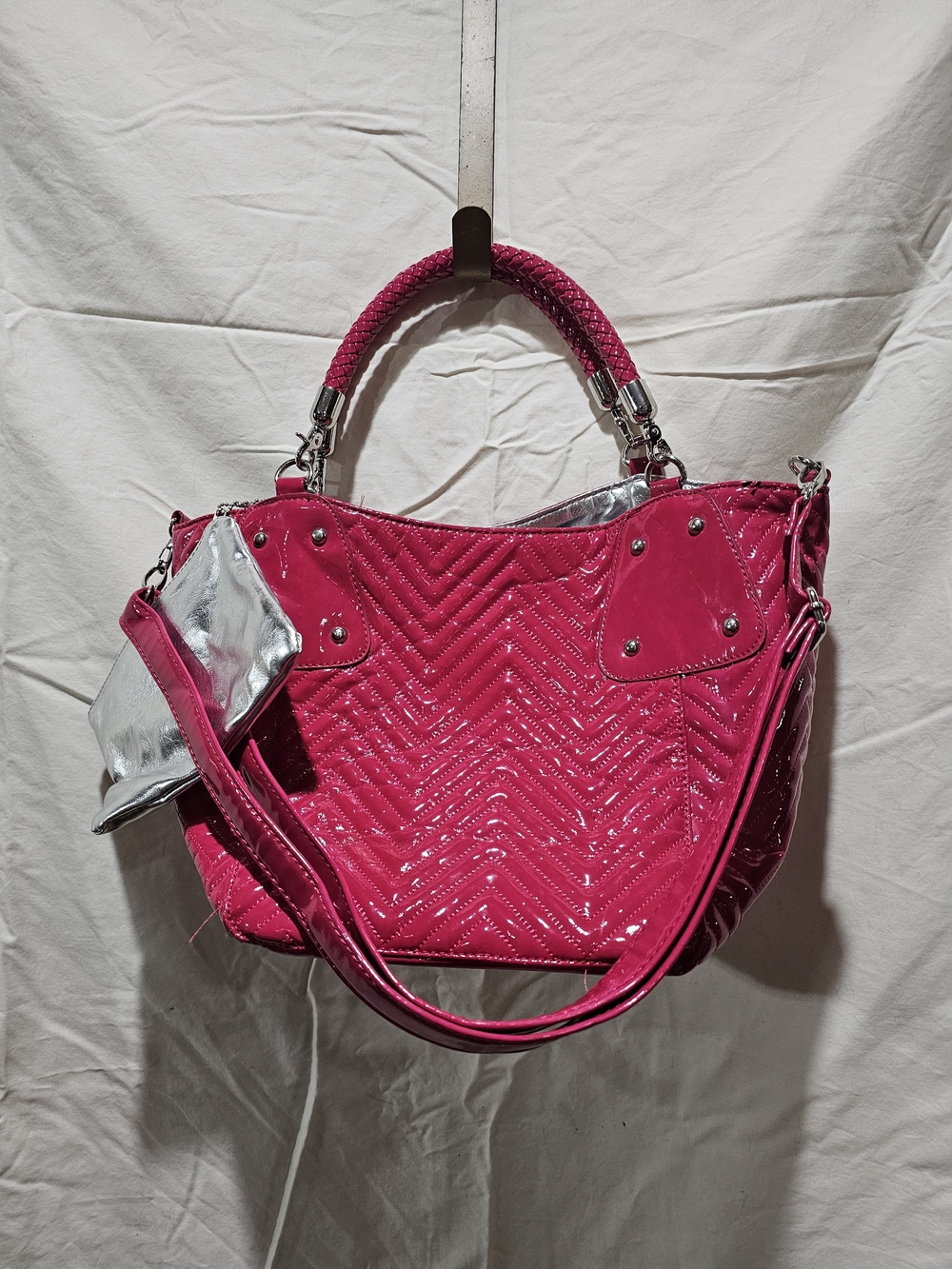 Big Buddha Hot Pink Quilted Shoulder Bag with Silver Pouch